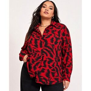 ASOS Red/Black Abstract Print Collared Button Front Blouse Long Sleeve 2XL
